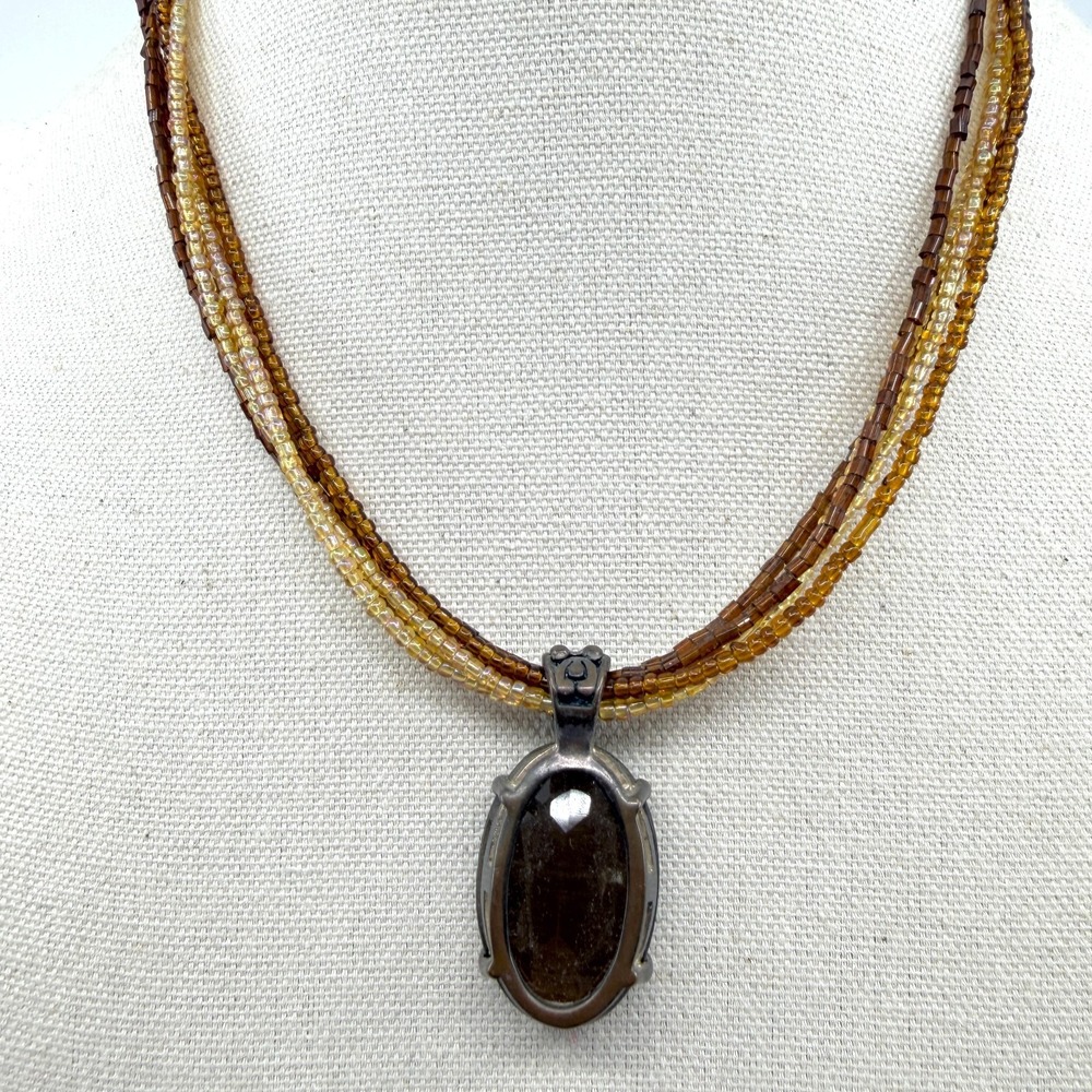 Boho Multi-Strand Beaded Necklace with Brown Gemstone Pendant